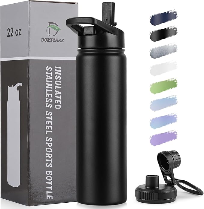 DOMICARE Insulated Water Bottle, 22 oz Vacuum Insulated Stainless Steel Reusable Sports Bottle with Straw Lid & Spout Lid for Travel, Camping, Bike, Leakproof, Black, 1 Pack…