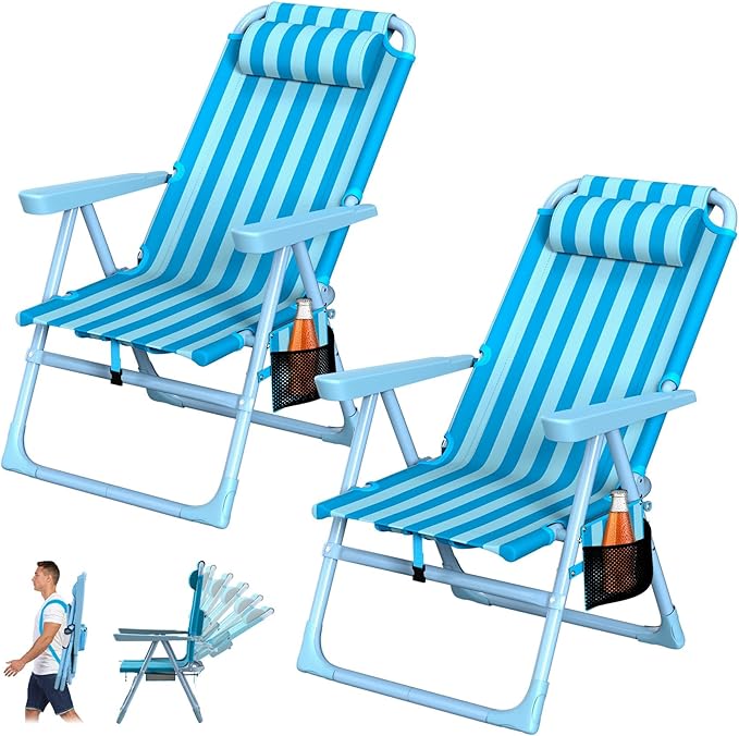 Suteck Backpack Beach Chairs for Adults 2 Pack, 6-Position Folding Reclining Chair with Cooler Bag & Cup Holder, Lightweight Portable Beach Chair for Camping, Outdoor, Sand, Travel Use