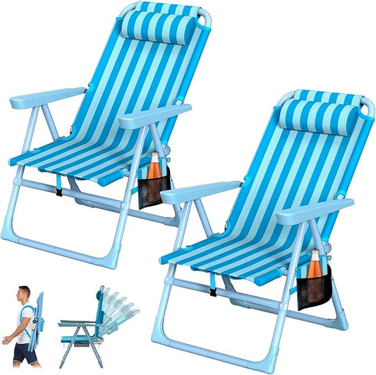 Suteck Backpack Beach Chairs for Adults 2 Pack, 6-Position Folding Reclining Chair with Cooler Bag & Cup Holder, Lightweight Portable Beach Chair for Camping, Outdoor, Sand, Travel Use