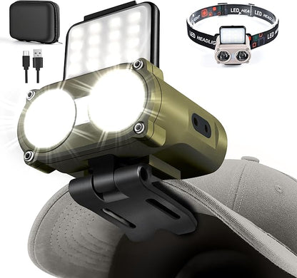 LED Hard Hat Light, 800Lumens Rechargeable Dimmable Clip on Cap Lights, 180°Adjustable Hands Free Hat Flashlight Headlamp Waterproof for Running, Camping, Hunting, Cycling (Olive Green)
