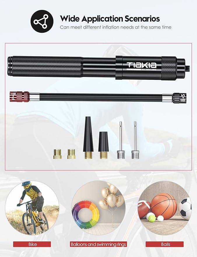 Tiakia Mini Bike Pump, Portable Bicycle Pump with Bracket, 260PSI High Pressure Frame Pump Air Hand Pump Fit Presta, Schrader & Woods Valves, Aluminum Alloy Tire Pump for Road/Mountain Bikes, Balls