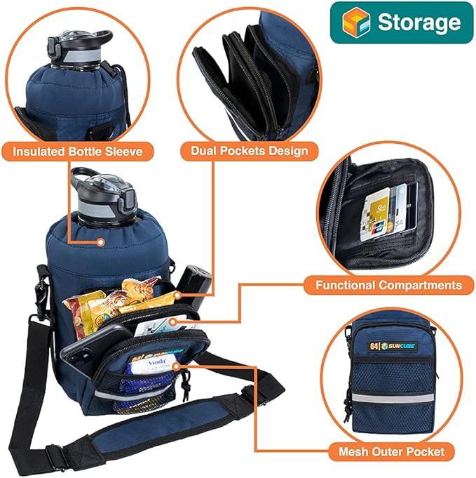 SUN CUBE Water Bottle Carrier with Strap, Insulated Water Bottle Carrier Bag with Phone Pocket Pouch, Sleeve Sling Purse Crossbody Bottle Holder for Walking, Sports, Hiking Accessories 40/64 oz