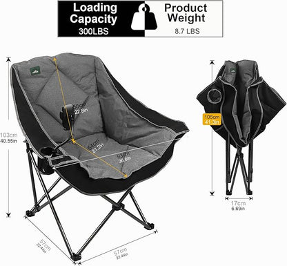 Northroad Oversized Foldable Camping Chair with Cell Phone Holder,Outdoor Padded Lawn Chair w/Cup Holder,Carry Bag for Beach, Hiking, and Picnics,Heavy-Duty 300-lbs Capacity, Black