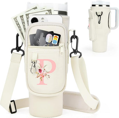 Initial Water Bottle Holder with Strap for Stanley 40 oz Tumbler/Simple Modern 40 oz Tumbler,Water Bottle Carrier Bag with Strap,Personalized A-Z Phone Pocket for Stanley Cup Accessories