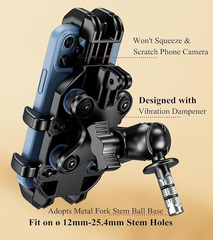 BRCOVAN Motorcycle Fork Stem Phone Mount Holder with Vibration Dampener, Heavy Duty Cellphone Cradle Fit Stem Tubes 12mm-25.4mm in Diameter, Adjustable for 5.4-6.9'' Smartphone