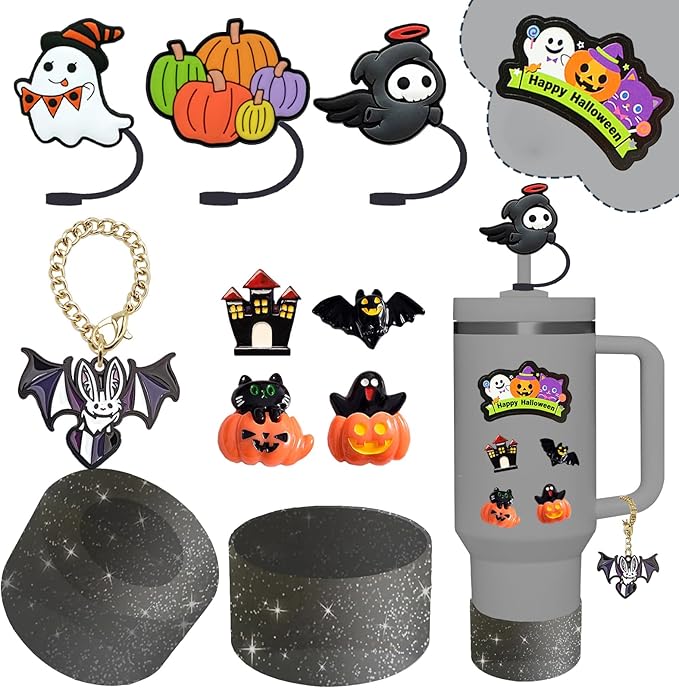 Stanley Cup Accessories Set,Including 3 Pcs 0.4in Halloween Straw Cover, 5 Pcs Halloween 3D&Flat Stickers, 1 Pcs Handle Charm, 1 Silicone Boot Fits Stanley 40&30 Oz Tumbler (Glitter Black)