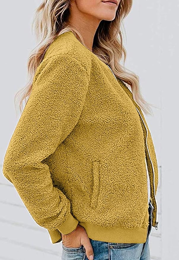 MIROL Women's Fall Trendy Fleece Jacket Faux Sherpa Fuzzy Casual Long Sleeve Zip Up Loose Fit Bomber Winter Coat