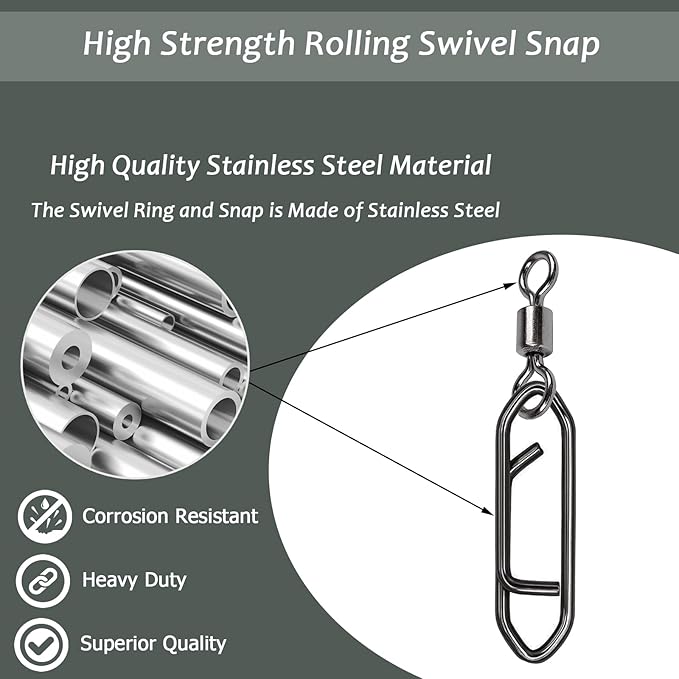QISHUO Stainless Steel Fishing Swivels Lure Tackle Clips Snap Swivels Strength Barrel Saltwater Swivel Fishing Rolling Black Nickel