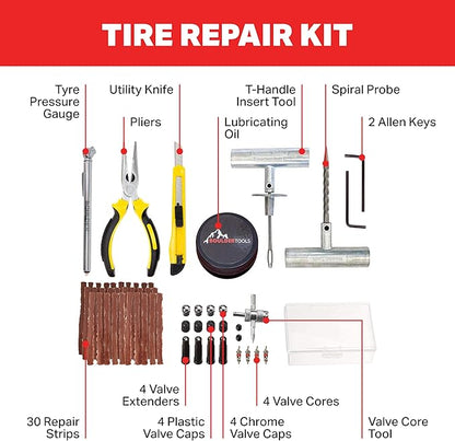 Tire Repair Kit by Boulder Tools - Heavy Duty Plug Kit for Cars, Trucks, Motorcycles, ATVs - Complete Flat Fix Automotive Tools Set with Storage Case, Valve Tool, Pliers, and Repair Plugs