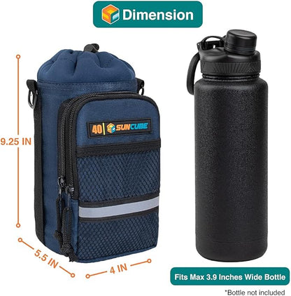 SUN CUBE Water Bottle Carrier with Strap, Insulated Water Bottle Carrier Bag with Phone Pocket Pouch, Sleeve Sling Purse Crossbody Bottle Holder for Walking, Sports, Hiking Accessories 40/64 oz