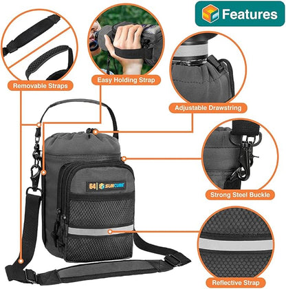 SUN CUBE Water Bottle Carrier with Strap, Insulated Water Bottle Carrier Bag with Phone Pocket Pouch, Sleeve Sling Purse Crossbody Bottle Holder for Walking, Sports, Hiking Accessories 40/64 oz