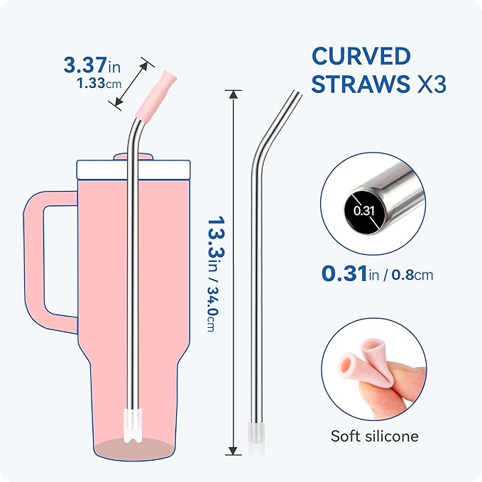 Reusable Stainless Steel Straws with Silicone Tip for Stanley 40oz, Metal Drinking Straws for 40oz Tumbler,3 Bent Tubes & 6 Tips& 1 Cleanr Brush (Bright Lime)