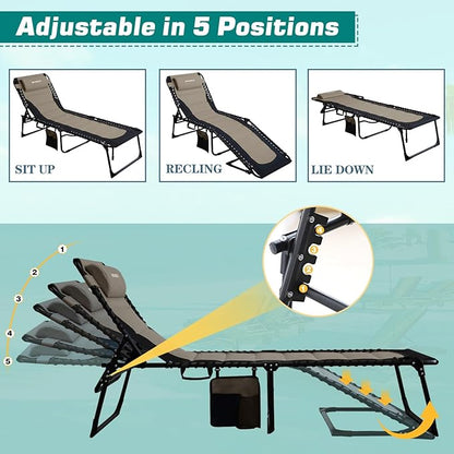 Outdoor Folding Lounge Chair Padded for Adults 264Ibs Patio Chaise Lounge Chair for Outside Adjustable 5-Position Reclining Beach Chair with Pillow Pocket