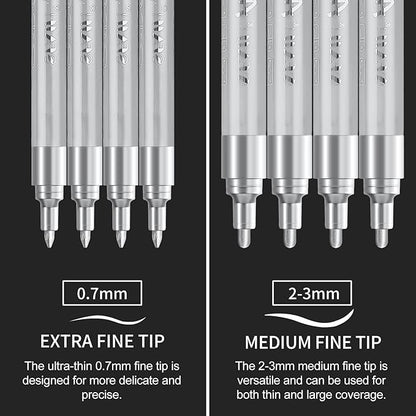 SFAIH Acrylic Silver Paint Pens - 8 Pack 2-3MM Medium Tip & 0.7MM Extra Fine White Paint Marker for Rock Painting, Wood, Metal, Fabric, Canvas, Glass, Ceramic, Diy Crafts