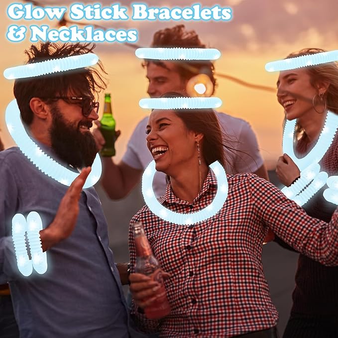 24 PCS White Glow Sticks Party Favors for Kids,Christmas LED Light Up Necklaces Bracelets Accessories for Toddlers,Glow Dance Wedding Camping Party Supplies Decorations Stocking Stuffer for Boys Girls