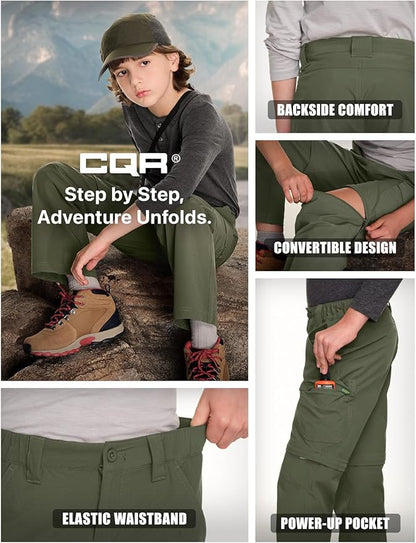 CQR Kids Youth Hiking Cargo Pants, UPF 50+ Quick Dry Convertible Zip Off Pants, Outdoor Camping Pants