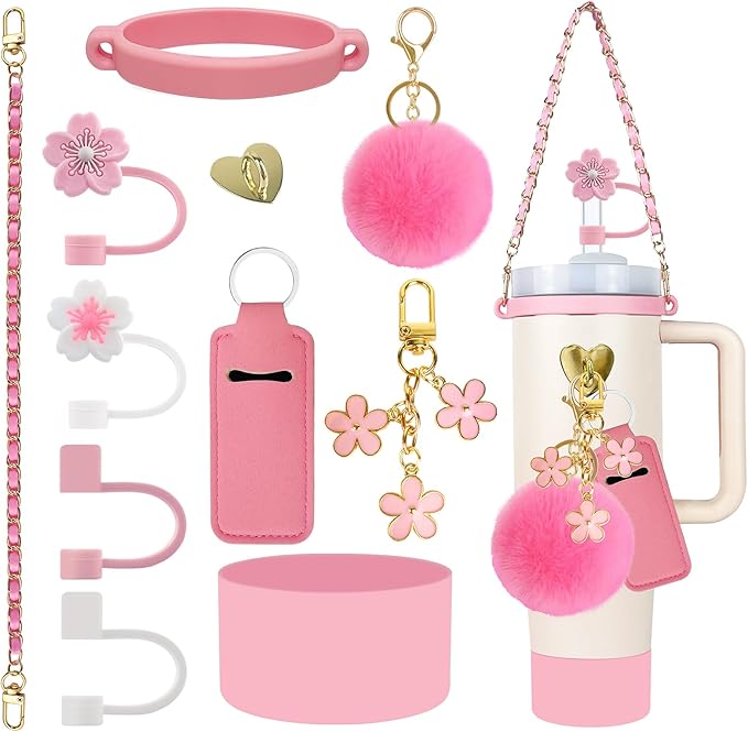Velaco 11 PCS Accessories for Stanley Cup, Water Bottle Handle Strap for Stanley 30/40 oz tumbler with handle, including Straw Toppers, Silicone Cup Boot, Keychain Charms - PINK
