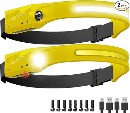 Rechargeable LED Headlamp 2-Pack – 350 Lumens, Waterproof, Wide 230° Beam, USB-C Charging (Yellow) Lightweight, Comfortable, Adjustable – Ideal for Camping, Hiking, Outdoor Adventures & Repair Work
