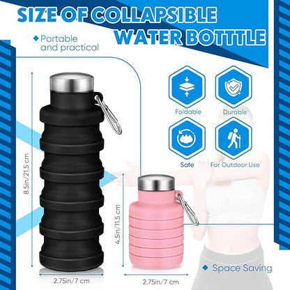 Baderke 2 Pcs Collapsible Water Bottles 17oz Silicone Travel Foldable Portable Water Bottle with Buckle Silicone Lightweight Reusable Leakproof for Camping Hiking Cycling Sport(Pink, Black)