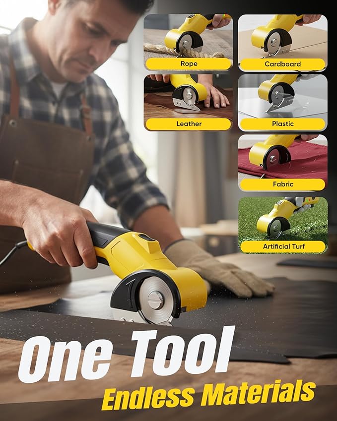 Cordless Electric Cardboard Cutter – Rechargeable Rotary Scissors for Cardboard/Fabric/Carpet/Leather, Heavy-Duty Box Cutter with Safety Lock, 2 Blades, Storage Case & Gloves for Craft, Shipping & DIY