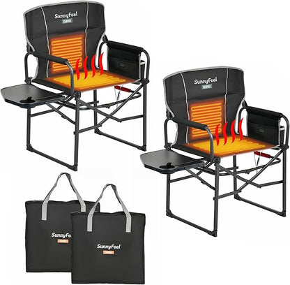 SUNNYFEEL Heated Camping Directors Chair, Heavy Duty,Oversized Outdoor Portable Heating Folding Chair with Side Table, Pocket for Beach, Fishing,Trip,Picnic,Lawn,Concert Foldable Camp Chairs