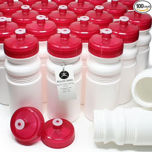 Rolling Sands 20 Ounce Sports Water Bottles 100 Pack, BPA-Free, Made in USA, Dishwasher Safe