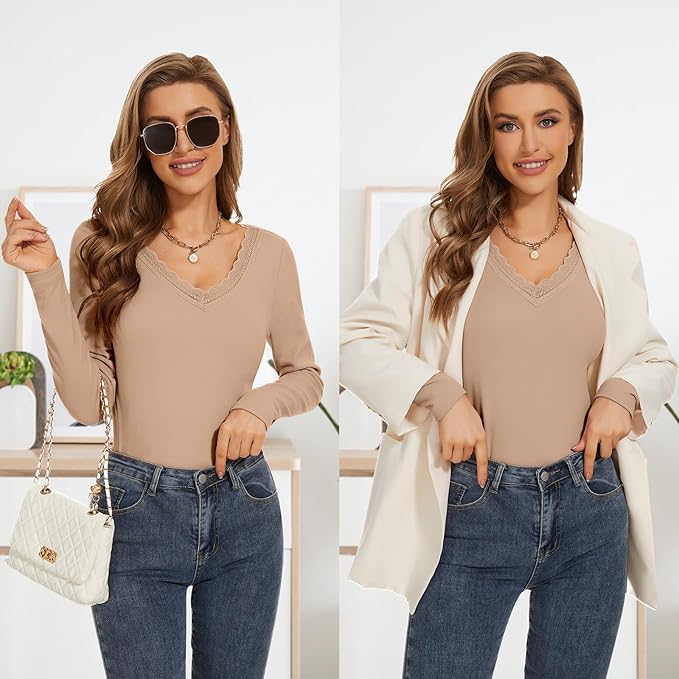 WOWENY Women Thermal Long Sleeve Shirt Fleece Lined Basic Fitted Tops Lace V Neck Undershirts Winter Tight Base Layer