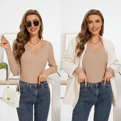 WOWENY Women Thermal Long Sleeve Shirt Fleece Lined Basic Fitted Tops Lace V Neck Undershirts Winter Tight Base Layer