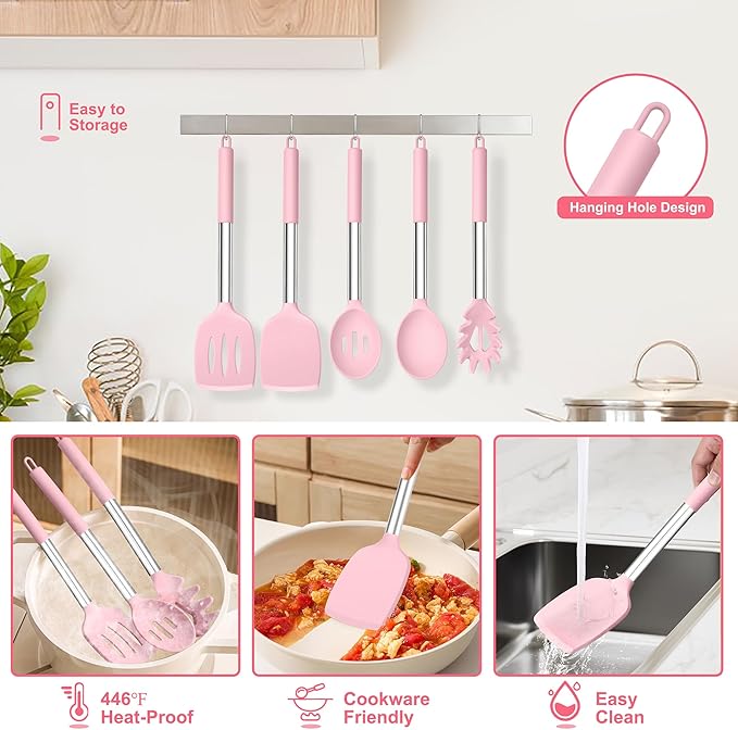 TeamFar Cooking Utensils Set, 5 PCS Silicone Kitchen Utensils with Stainless Steel Handle for Nonstick Cookware Turning Flipping Frying Draining, Heatproof & Healthy, Nonstick & Easy Clean, Pink