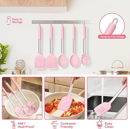 TeamFar Cooking Utensils Set, 5 PCS Silicone Kitchen Utensils with Stainless Steel Handle for Nonstick Cookware Turning Flipping Frying Draining, Heatproof & Healthy, Nonstick & Easy Clean, Pink