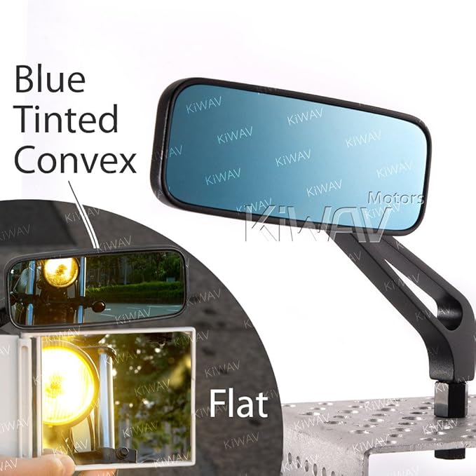 KiWAV Aftermarket Motorcycle Mirrors Rectangular Classic Black Sandblasting Short Stem Convex Anti-Glare Blue Tinted Glass 10mm 5/16 Inches Adapters Pack of Pair