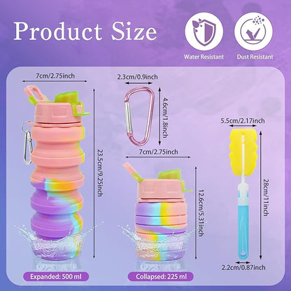 8 Pcs Collapsible Water Bottles with Clip 16 oz Portable Reusable Leakproof Silicone Foldable Water Bottles for Travel Camping Cycling Hiking Gym Yoga Outdoor Sports