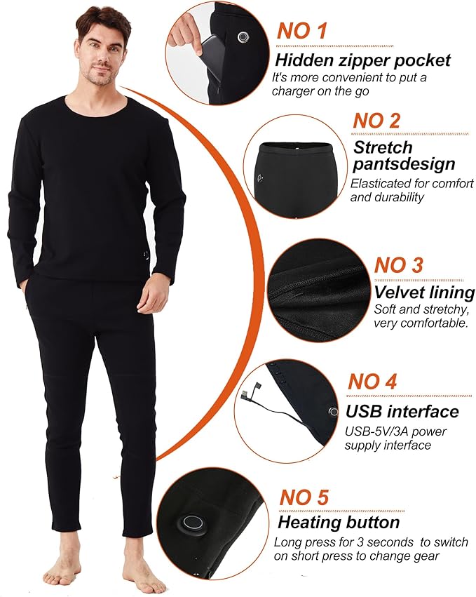 Mens Electric Heated Thermal Underwear Set Men's Winter Outdoor Sports Underwear with Battery Pack and Box