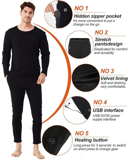 Mens Electric Heated Thermal Underwear Set Men's Winter Outdoor Sports Underwear with Battery Pack and Box