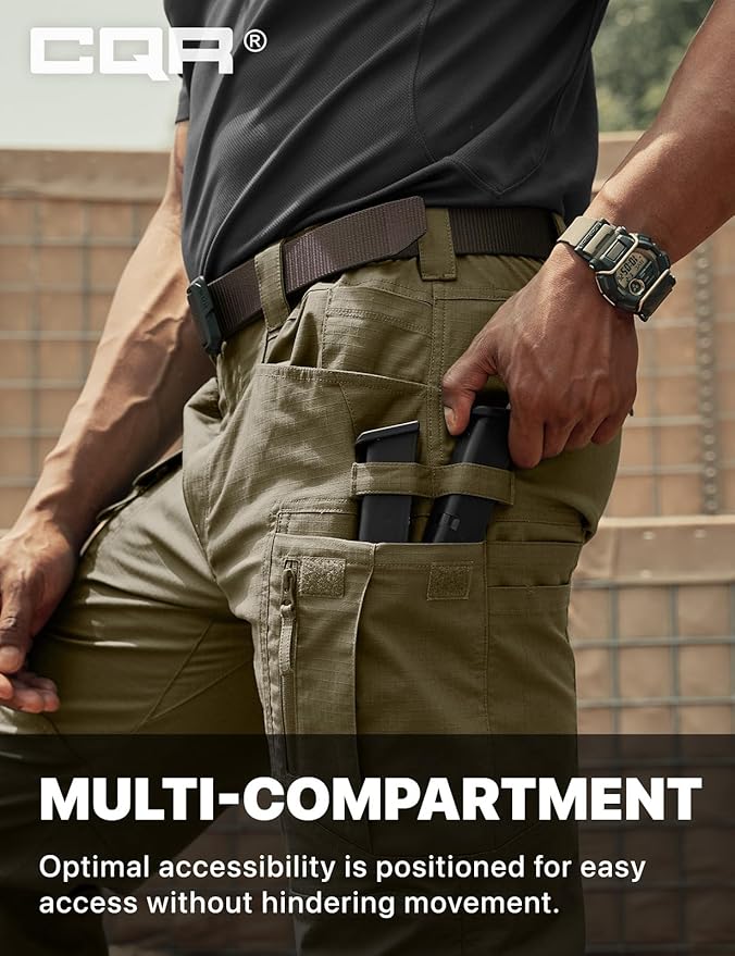 CQR Men's Flex Stretch Tactical Pants, Water Resistant Ripstop Cargo Pants, Lightweight EDC Outdoor Work Hiking Pants