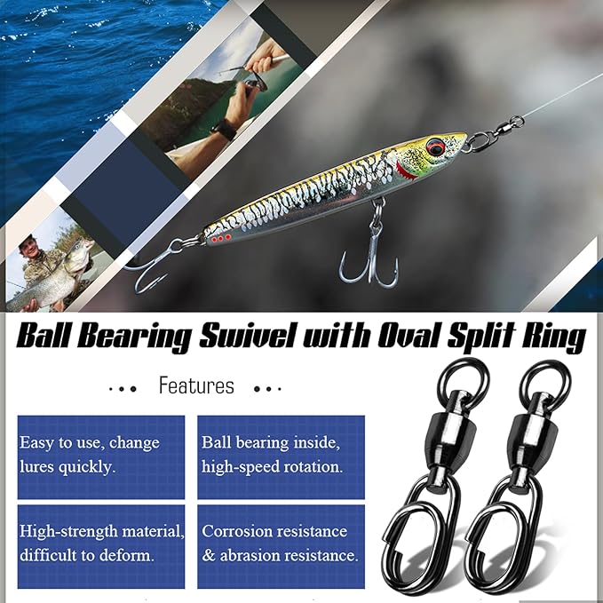 QISHUO High Strength Fishing Swivel Steel Ball Bearing Fishing Swivels Stainless Connector Rolling Snap Swivels Fishing Black Nickel 30lbs-160lbs