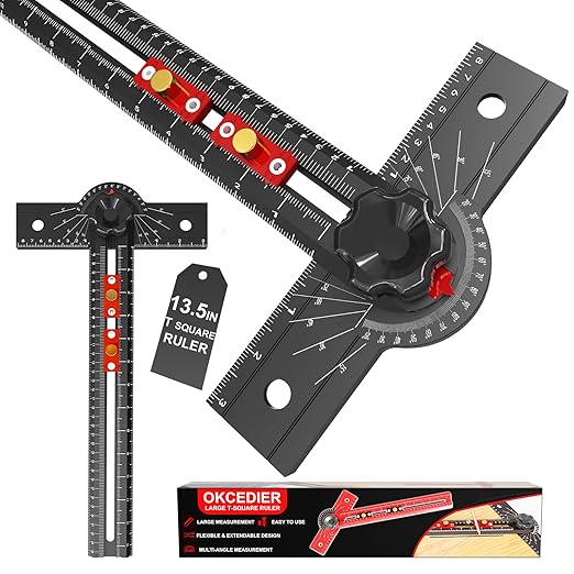 Woodworking T Square Ruler, 13.5 Inch Adjustable Angle 15-165° Measurement Tool, Aluminum Alloy, Precision Drilling Positioning Guide for Carpentry, Drafting, Contractor, Scribe Crafting, Drywall