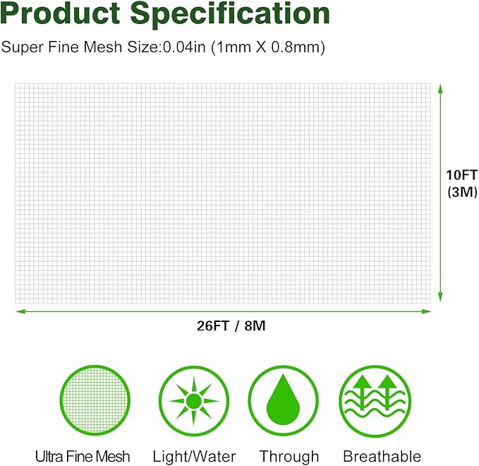 Garden Netting for Raised Bed 10'x 26', Mesh Netting Plant Covers, Bird Netting for Garden Protection, Plant Net Barrier, Screen for Row Cover, Vegetables, Fruits, Flowers