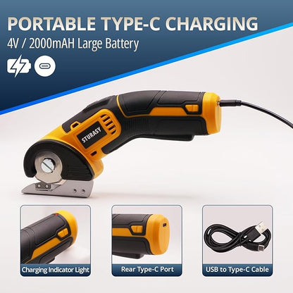 Cordless Electric Scissors, Power Cardboard Cutter with Safety Lock, Rechargeable 4V 2000mAh Electric Box Cutter for Cardboard, Fabric, Carpet, Leather, Paper, Plastic, Packages, Rotary Cutter
