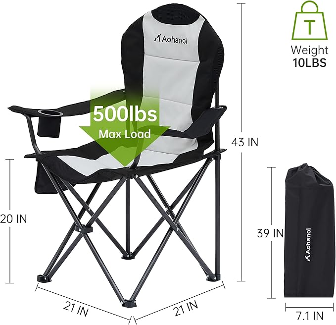 Camping Chairs for Heavy People, Folding Chairs for Outside Outdoor Folding Chairs with Cup Holder & Cooler Bag, Camp Chairs Supports up to 500lbs(1 PC, Black White)