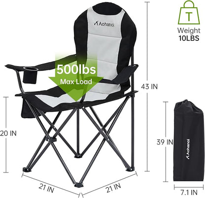 Camping Chairs for Heavy People, Folding Chairs for Outside Outdoor Folding Chairs with Cup Holder & Cooler Bag, Camp Chairs Supports up to 500lbs(1 PC, Black White)