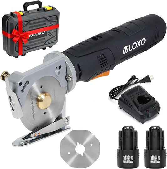 VLOXO Electric Rotary Fabric Scissors Cordless Power Fabric Cutter Rechargeable Electric Scissors for Leather with Safety Lock Multi-Layer Cutter for Carpet Canvas Cotton Include Case Black