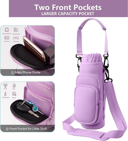 linmaya Water Bottle Carrier Bag, Insulated Water Bottle Bag Fits Stanley IceFlow Owala 16/24/32/40oz Tumbler, Water Bottle Holder with Shoulder Hand Straps, 2 Pockets for Travel, Hiking, Camping