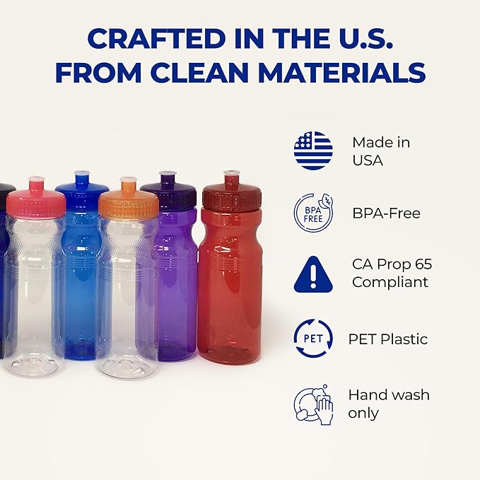 Rolling Sands USA Made 24 Ounce Sports Water Bottles - 30 Pack BPA-Free Blank Plastic Bottles for Teams, Gyms & Studios - Translucent Purple Bottle/Purple Lid