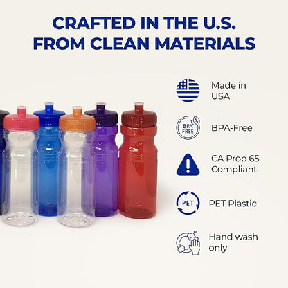 Rolling Sands USA Made 24 Ounce Sports Water Bottles - 100 Pack BPA-Free Blank Plastic Bottles for Group Use, Fitness Classes & Events - Translucent Clear Bottle/Pink Lid