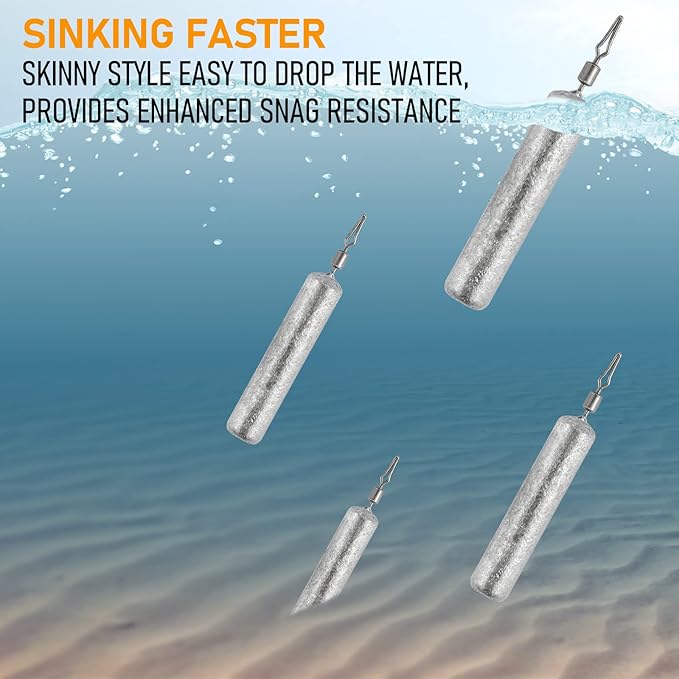 Dr.Fish 50 Pack Fishing Drop Shot Weights Lead Fishing Weights Pencil Skinny Sinkers with Barrel Swivels for Freshwater Bass Fishing