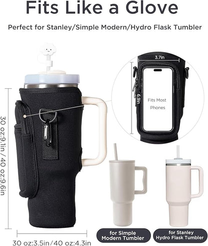 dabria Water Bottle Carrier Bag with Phone Pocket for Stanley 40/30 oz Tumbler Neoprene Water Bottle Holder Pouch with Adjustable Strap Bollus with Straw Cover & Carabiner for Stanley Cup Accessories