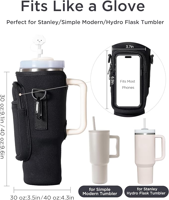 dabria Water Bottle Carrier Bag with Phone Pocket for Stanley 40/30 oz Tumbler Neoprene Water Bottle Holder Pouch with Adjustable Strap Bollus with Straw Cover & Carabiner for Stanley Cup Accessories