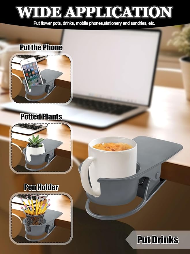 Kalolary 2PCS New Drinking Cup Holder Clip with Groove Table Bottle Cup Stand DIY Glass Cup Clamp Storage Saucer Clip Water Coffee Mug Holder Saucer Clip for Home Desk, Grey