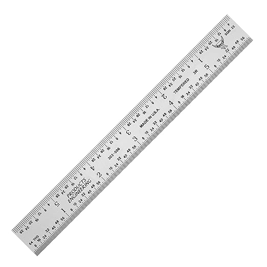 PEC Tools 6 Inch Ruler, High-Carbon Steel, 1/25" Thick X 3/4" Wide, Satin Chrome Finish Tempered Steel, Measuring Accuracy 1/32", 1/64", 1/10" and 1/50" Scales, Made in USA